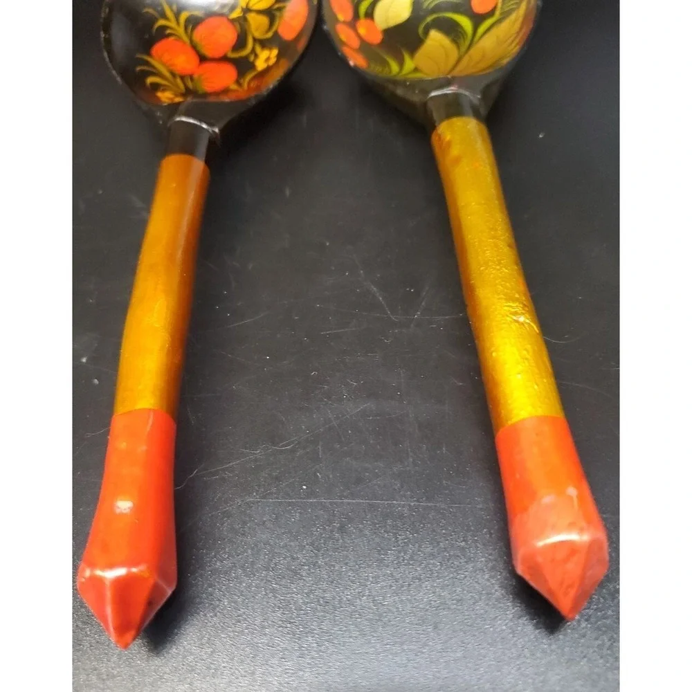 Russian Khokhloma  Spoons, Set Of 2.             7 & 5/8